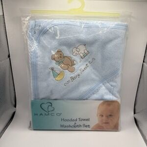 Vintage Hamco Baby Hooded Towel & Washcloth Set‎ Blue Brand New Sealed